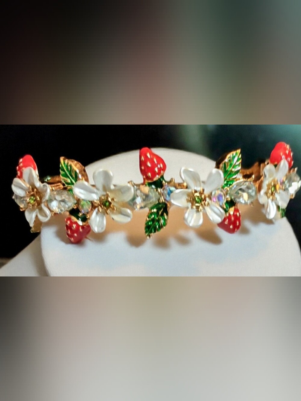 Floral & Strawberry Enamel Bracelet in Gold Tone